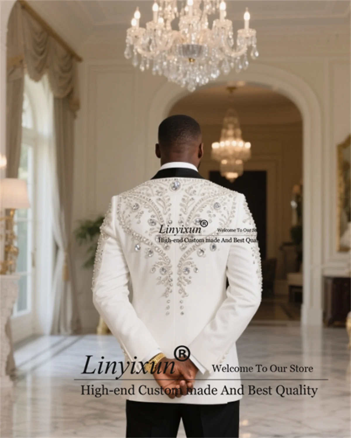 Sparkly Diamond Ornament Men Suit 2 Pieces Sets Groom Male Blazers Slim Fit Customized Wedding Tuxedos High End Ropa hombre