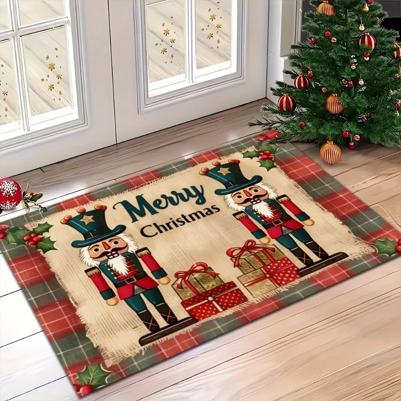 Christmas Flannel Door Mat Nutcracker Soldier Merry Christmas Holly Print Non‑Slip Floor Rug for Indoor Entry Xmas Holiday Decor