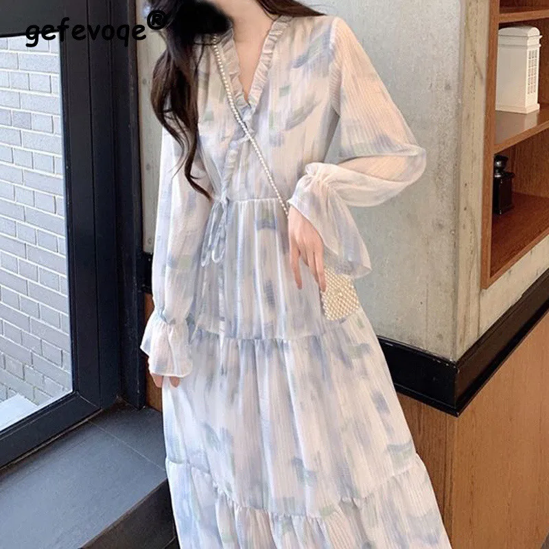 

2023 Spring Summer Women French Style Ruffle Lace Up Sweet Elegant Party Dresses Trendy V Neck Long Sleeve Chic Fairy Midi Dress