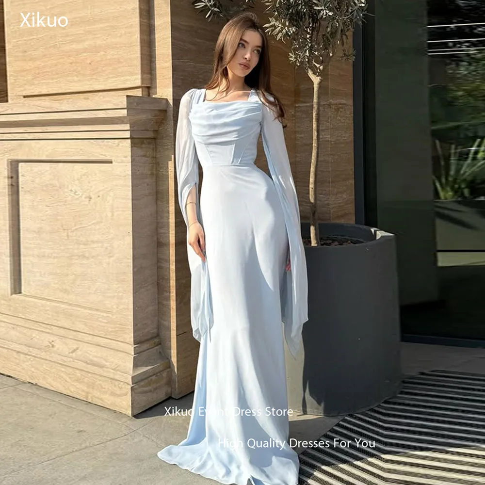 Xikuo رشيقة الأزرق الشيفون فساتين السهرة حورية البحر طويلة الأكمام فساتين حفلات الحمالة طول الأرض رداء دي سواريه مخصص