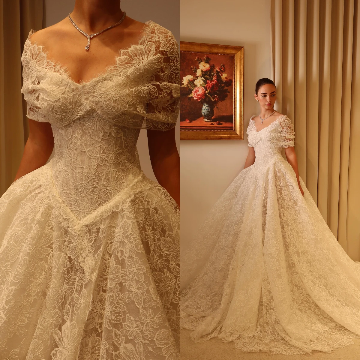 

Off-the-Shoulder Floral Lace Wedding Dress Corset Ball Gown Chapel Train Vintage Bridal Gown Vestido De Novia 2026 Customized