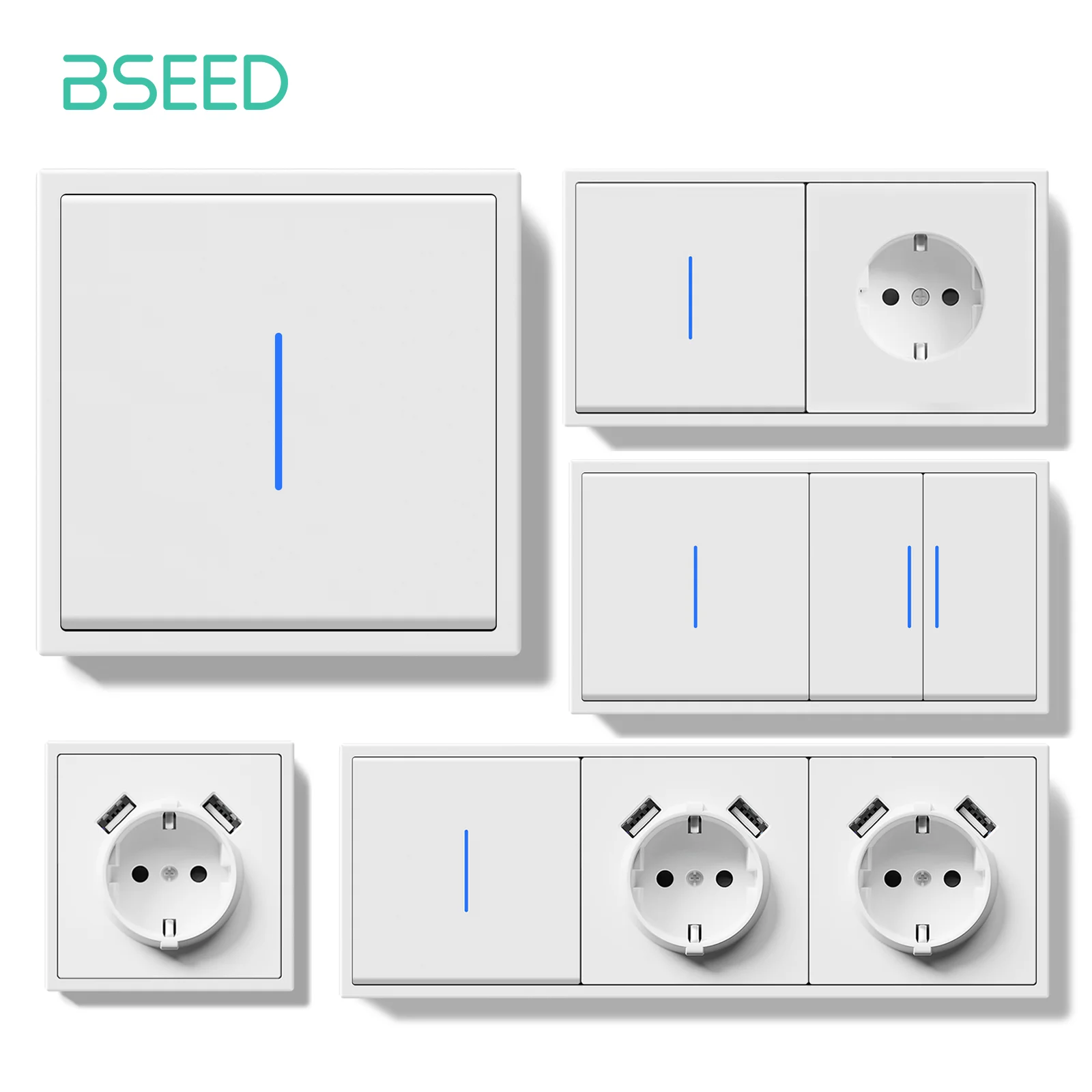 BSEED 1/2Gang Interruttore della luce meccanico Prese a muro a 1 via Prese di corrente UE Porte USB Pannello grande Retroilluminazione a LED Cornici