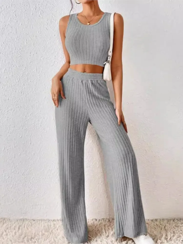 New Spring Solid Color Fashion Casual Knitted Cotton Waist Sleeveless Tank Top High Waist Pants Set For Women\'s Clothing