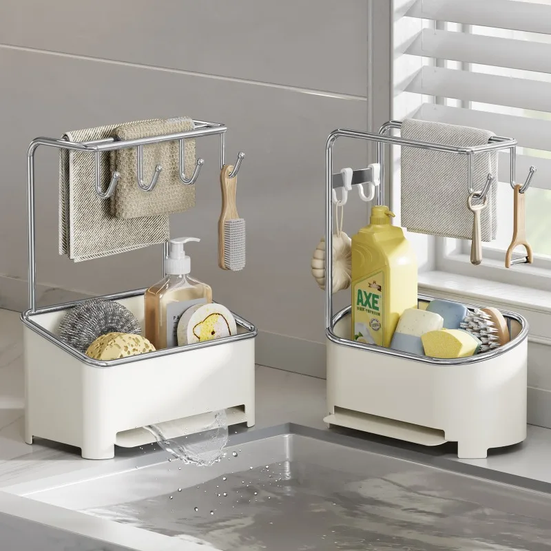 Kitchen rack, towel, next to sink, countertop, faucet, rag, storage rack.