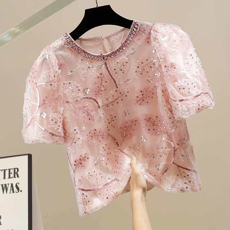 

Новый круглый Ne Heavy Embellied Sequins на молнии Slim Fit Bubble Sve Small irt Design Trendy Top Commute Sle Summer Fas...