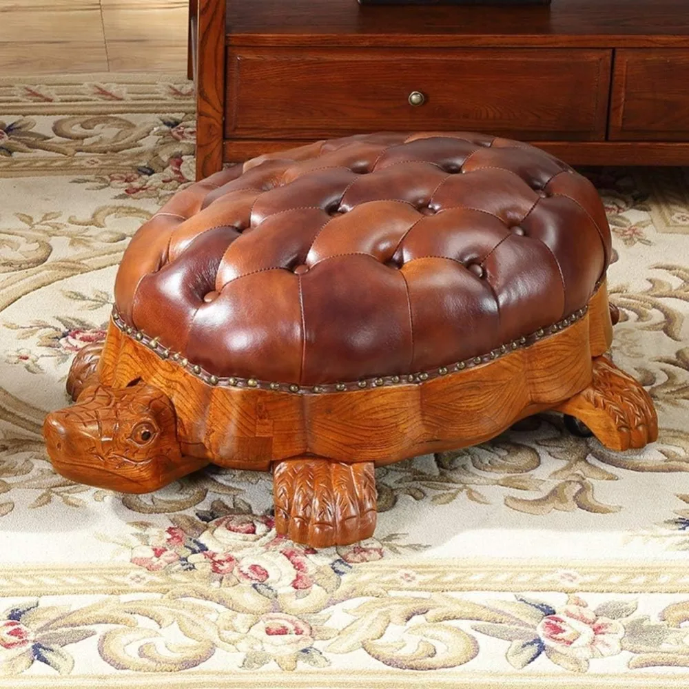 Wood Ottoman Footstool,Sofa Stool，Leather Upholstered Vintage Turtle Footrest Stool with Wheels