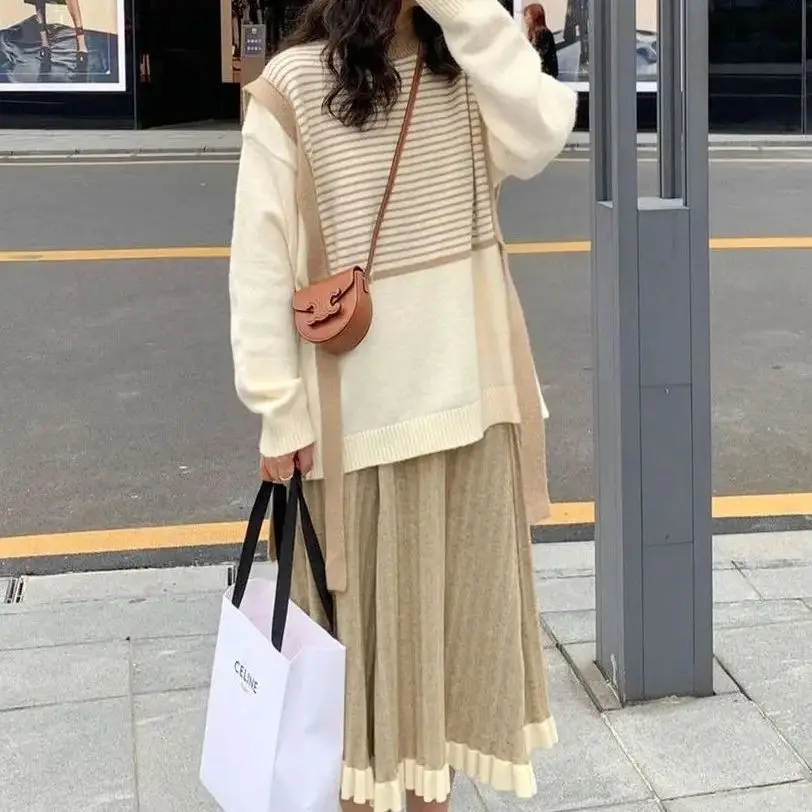 

Two-Piece Set Spring Autumn New Striped Knitted Sweater Women Slim Long Skirt Sweet Age-Reducing Suit