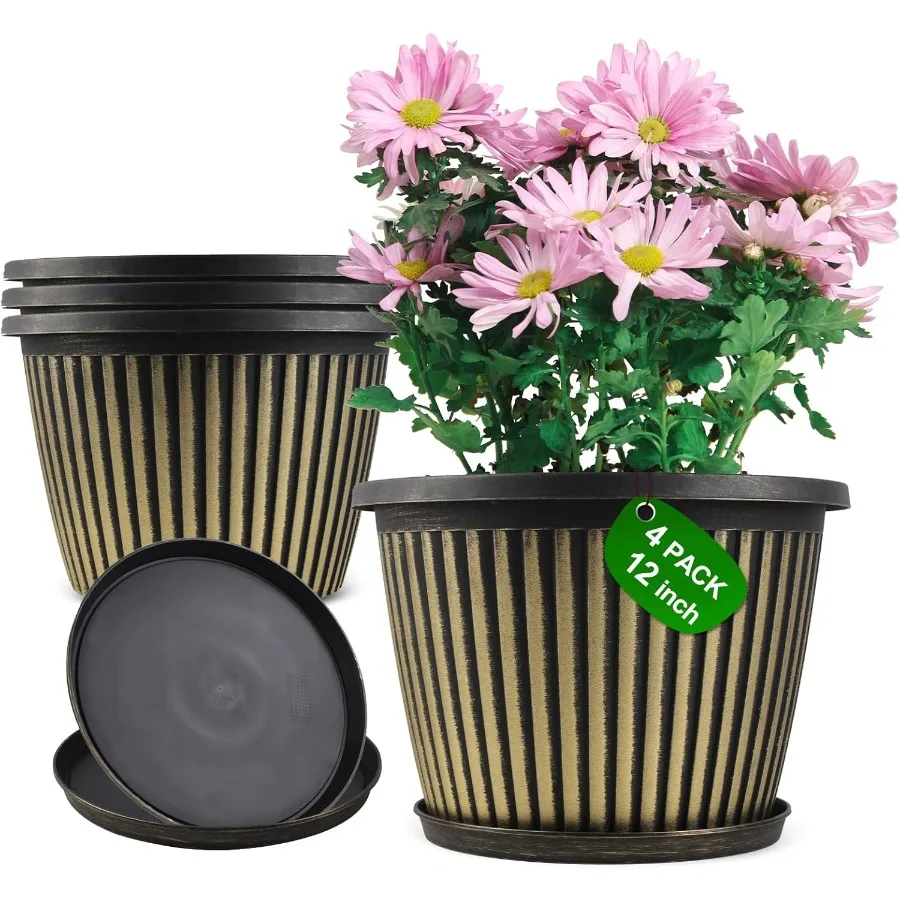 

Large Indoor Outdoor Planters 12 Inch 4 Pack Plastic Flower Pots with Saucers and Drainage Holes for Medium to Large Plants Mod
