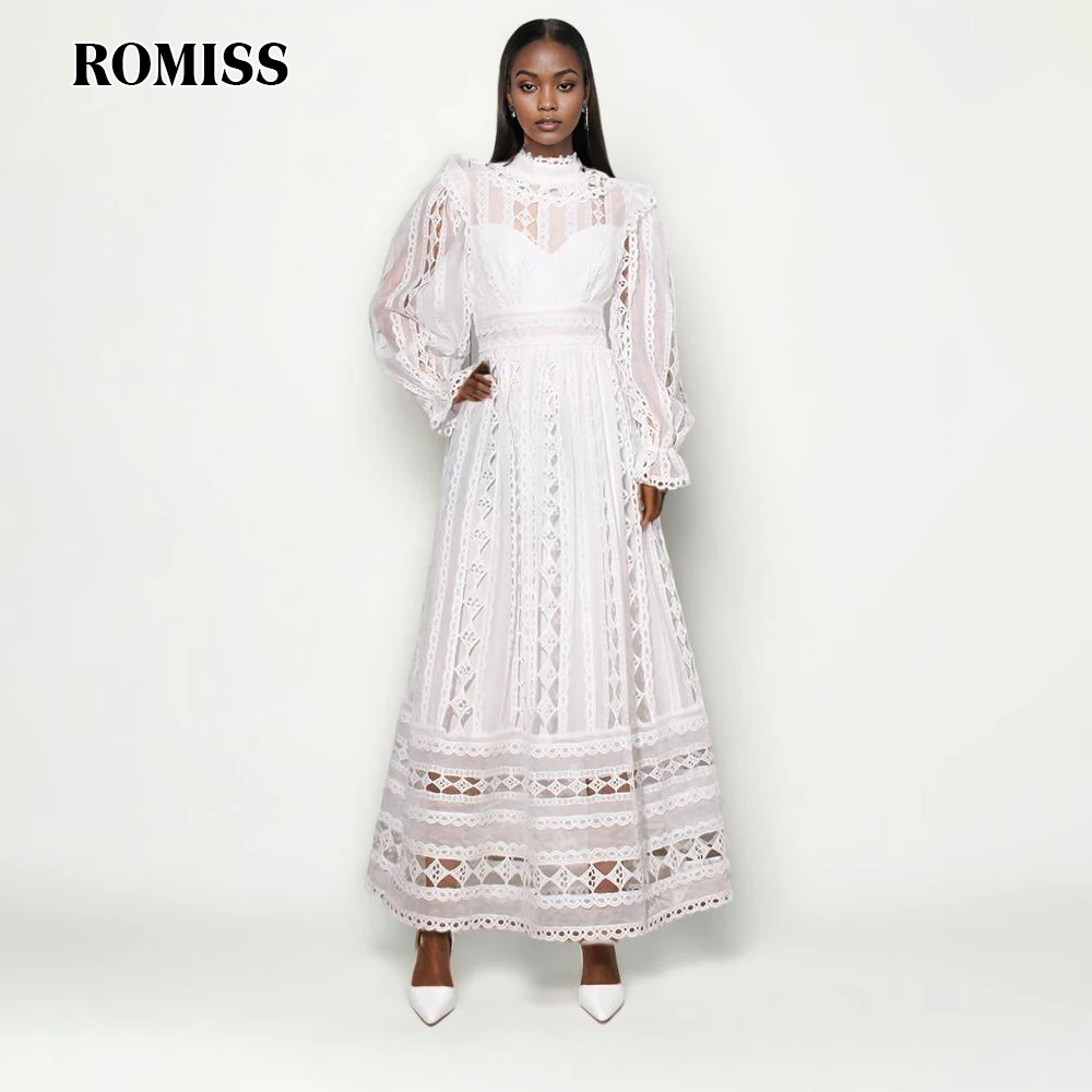 ROMISS Solid Hollow Out Elegant Dress For Women Stand Collar Long Sleeve High Waist Temperament Dresses Female Fashion New