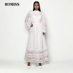 ROMISS Solid Hollow Out Elegant Dress For Women Stand Collar Long Sleeve High Waist Temperament Dresses Female Fashion New