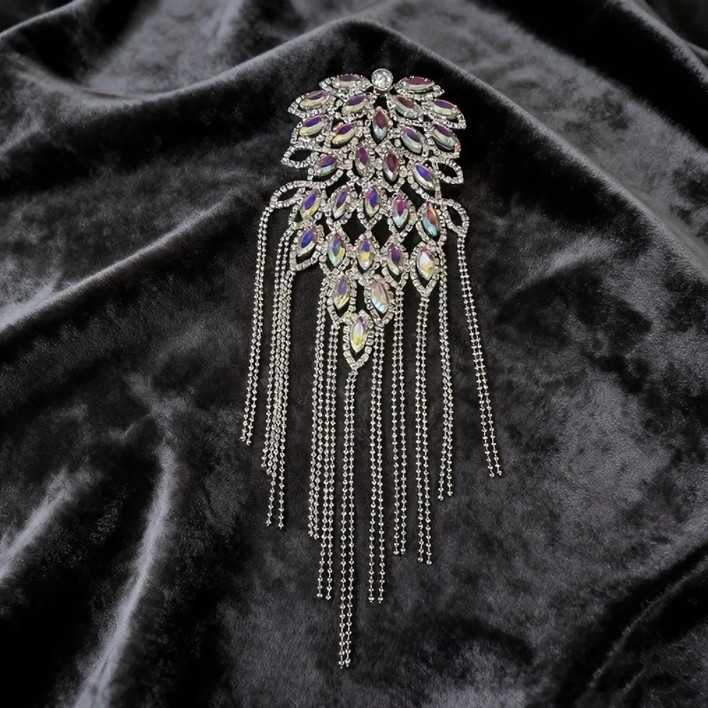 Exquisite Peacock Tassel Chain Epaulette Punk Rhinestone Brooch Shoulder Board Cool High-end Jacket Shoulder Chain Men