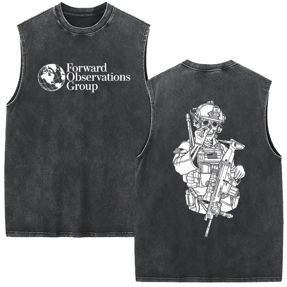 T-shirt sans manches vintage délavé Forward Observations Group Skeleton pour hommes et femmes, style hip-hop, coupe oversize, streetwear masculin
