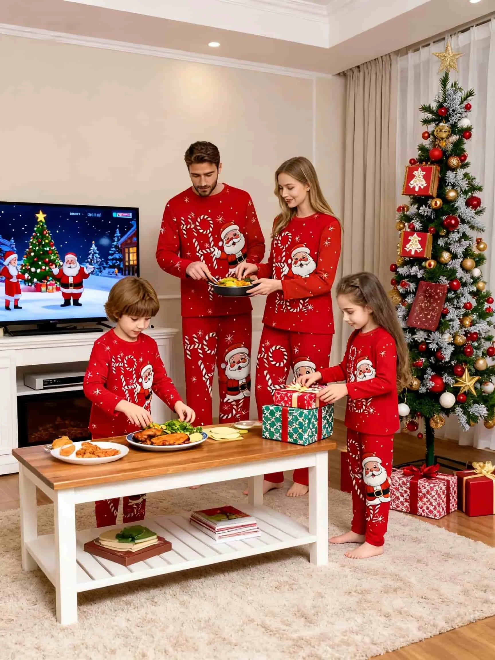 2-Piece Christmas Family Matching Outfits for Family Photos, New Year Red Santa Claus Print, Long-Sleeve and Long-Pants Pajama Set, Men's or Women'S, Children's Holiday Pajamas, Christmas Loungewear Set