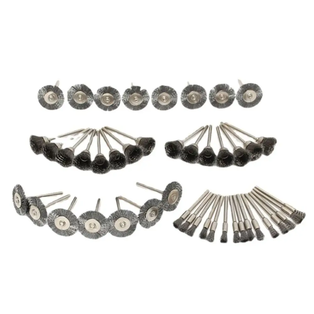 

45 шт. 1/8-дюймовые (хвостовик 3 мм) проволочные щетки для вращающихся инструментов Т-образная форма, тип чаши, штифт, набор колес для проволочной щетки, комплект полировальных колес