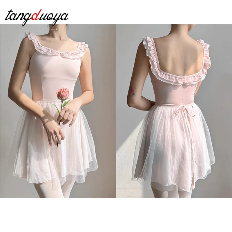 Ruffle Square Collar Ballet Dance Leotard For Women Practice Yoga Costume Adult Gymnastics Bodysuit Ballerina Girls Stage Leotar