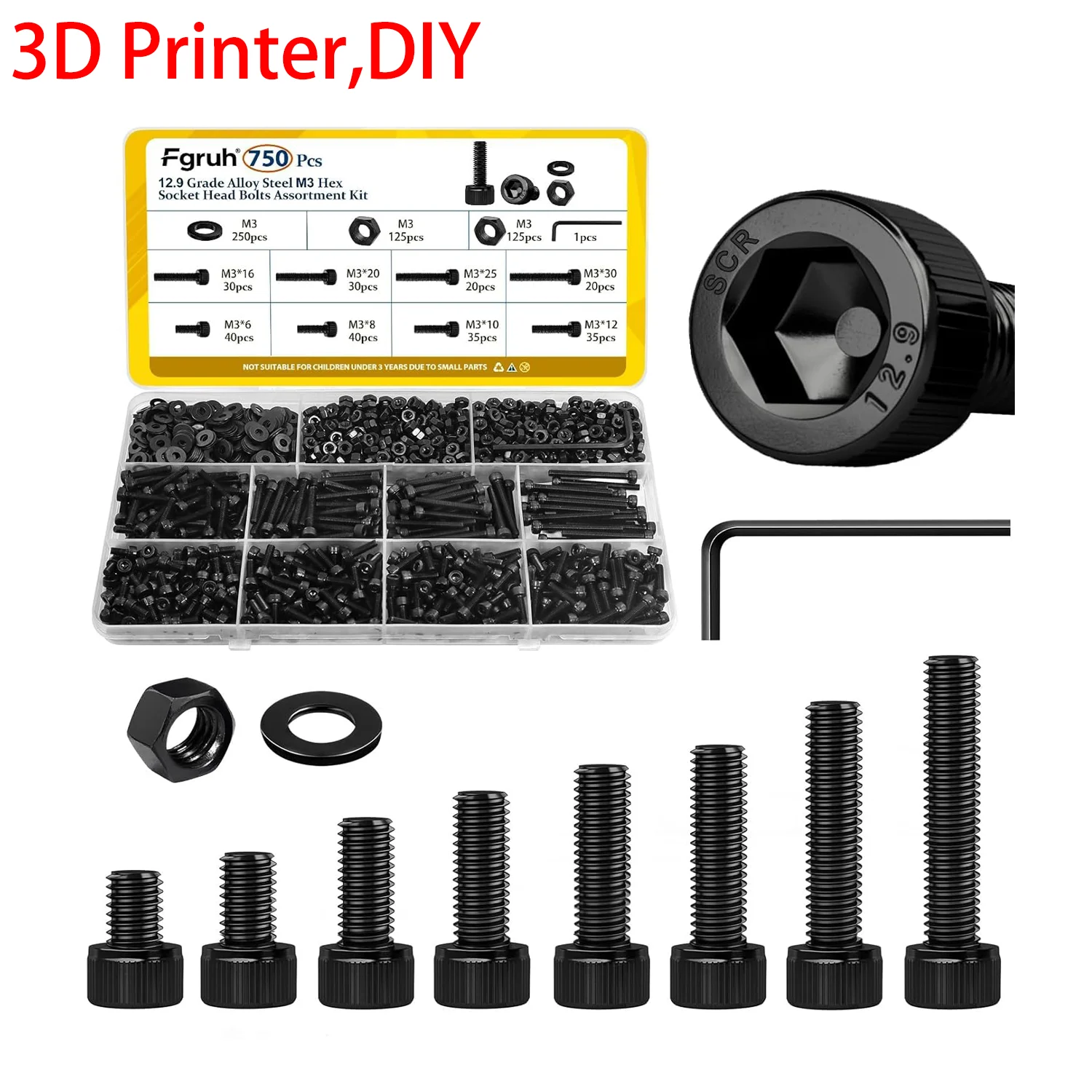 3D Printer DIY 750PCS M3 Screws Assortment Kit M3 Hex Socket Head Bolts, Nuts & Washers Assorted Set Alloy Steel Black Zinc Plat