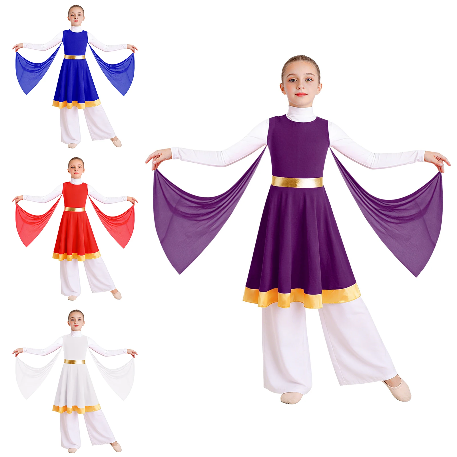 

Children Girls Praise Dance Dress Liturgical Worship Choir Robe Sleeveless Metallic Color Mesh Drapes Lyrical Dancing Tunic