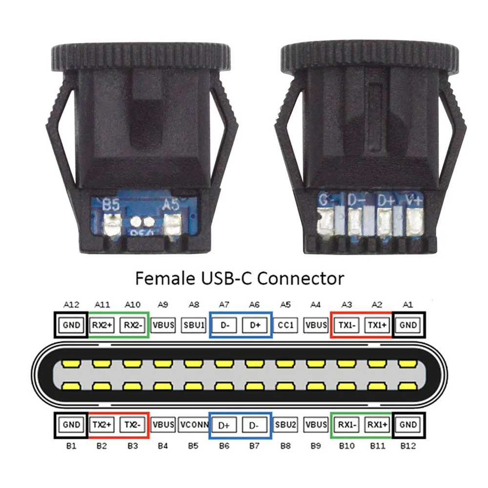 CableCC DIY OEM Female Type C Socket Connector to 6Pin PCBA Pinout Round Latch Mount Type PD Power DC 5V/20V IP67 5pcs/set