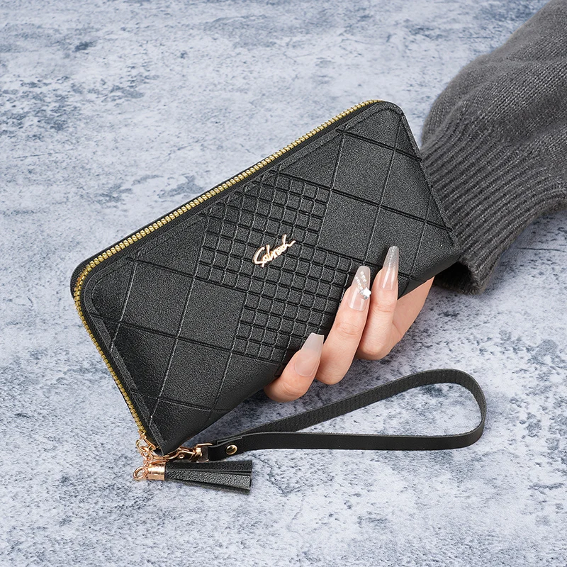 Korean version women's long wallet with mobile phone bag wallet, simple wallet, women's long wallet, tassel zipper handbag