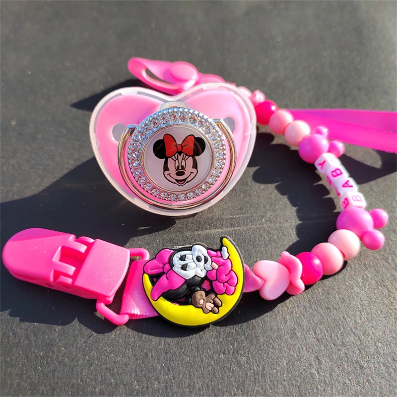 Unique Personalized Name Pacifier Clips with Rhinestones Disney Minnie Mouse Doll Children's Nipples Teethers Babies Accessories
