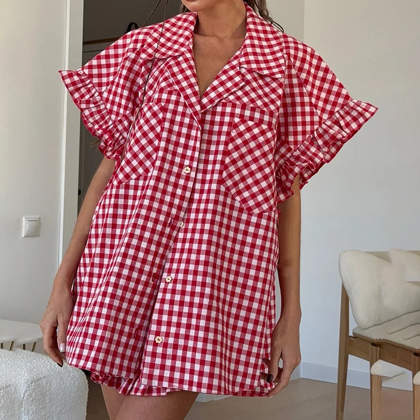 Women's Plaid Button-Up Shirt and High-Waist Shorts Two-Piece Set