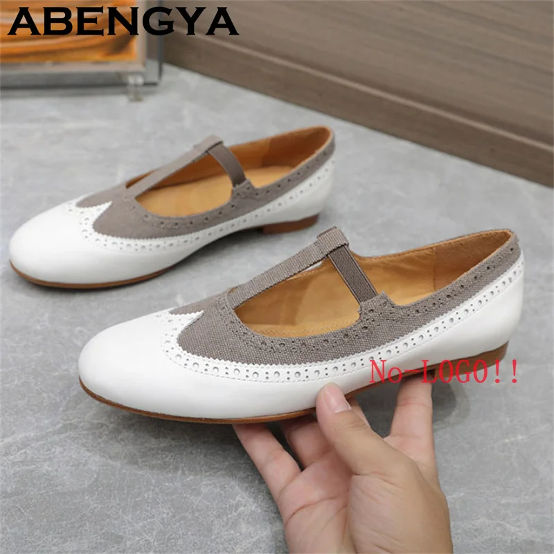 ABENGYA Round Toe Ballet Dance Flat Shoes Women Black White Stitching Genuine Leather loafers Shoes Summer Walk Shoes Women