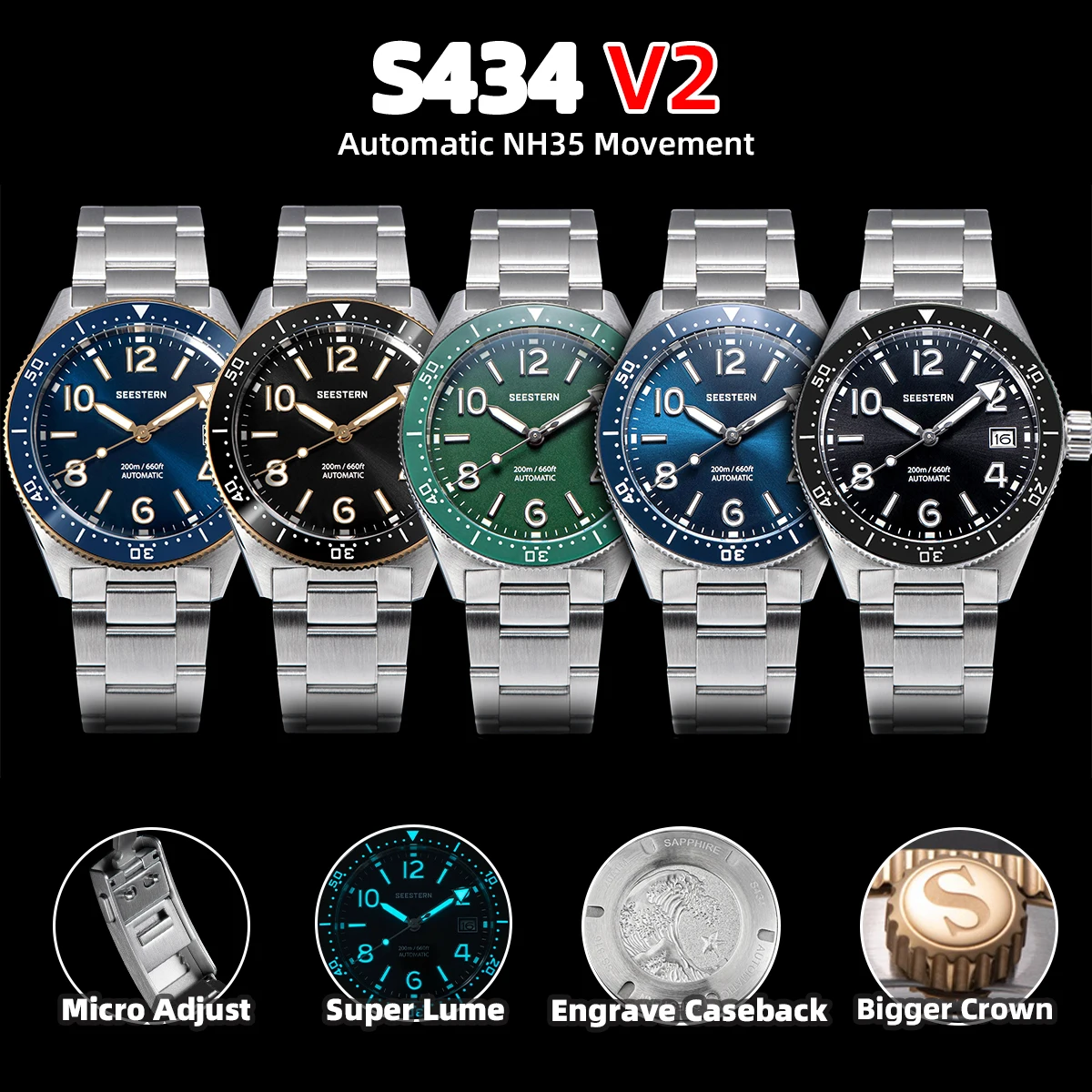 S434 reloj de pulsera para hombre, cronógrafo mecánico luminoso, movimiento automático NH35A, BGW9, resistente al agua hasta 20ATM, hebilla de