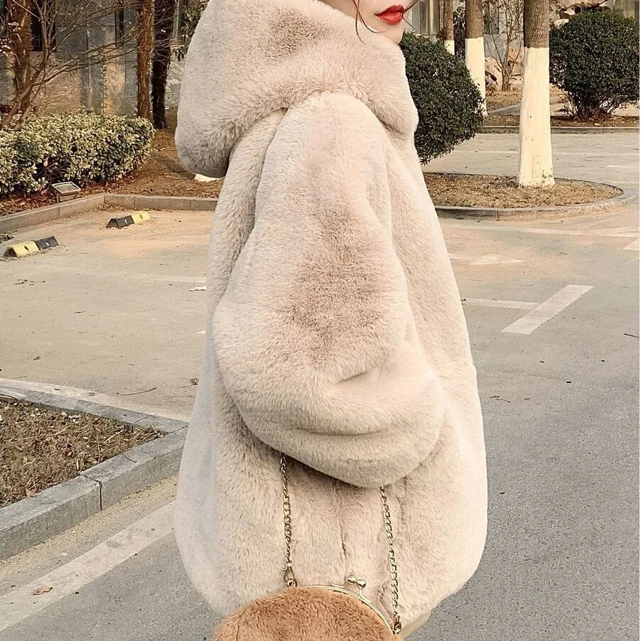 

Women Thick Faux Fur Jacket Colorblock Autumn Winter Maxi Coat Hooded Warm Luxury Belt Fur Parkas Bontjas Furry Outerwear