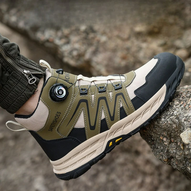 Men Safety Boots Rotating Button Work Boots Anti-puncture Anti-smash Male Safety Shoes Indestructible Steel Toe Protective Boots