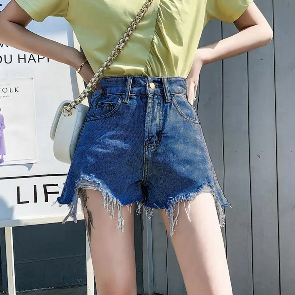 2024 Damen Jeans Shorts zerrissen Loch hohe Taille Knopf Reiß verschluss Slim Fit A-Linie Taschen aus Strand Casual Shorts Jeans