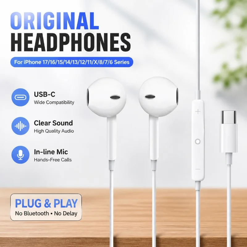 Headphones For Apple iPhone 17 16 15 Pro Max 14 13 12 11 USB-C Lightning 3.5mm Wired Earphone X 6 7 8 Phone Accessories