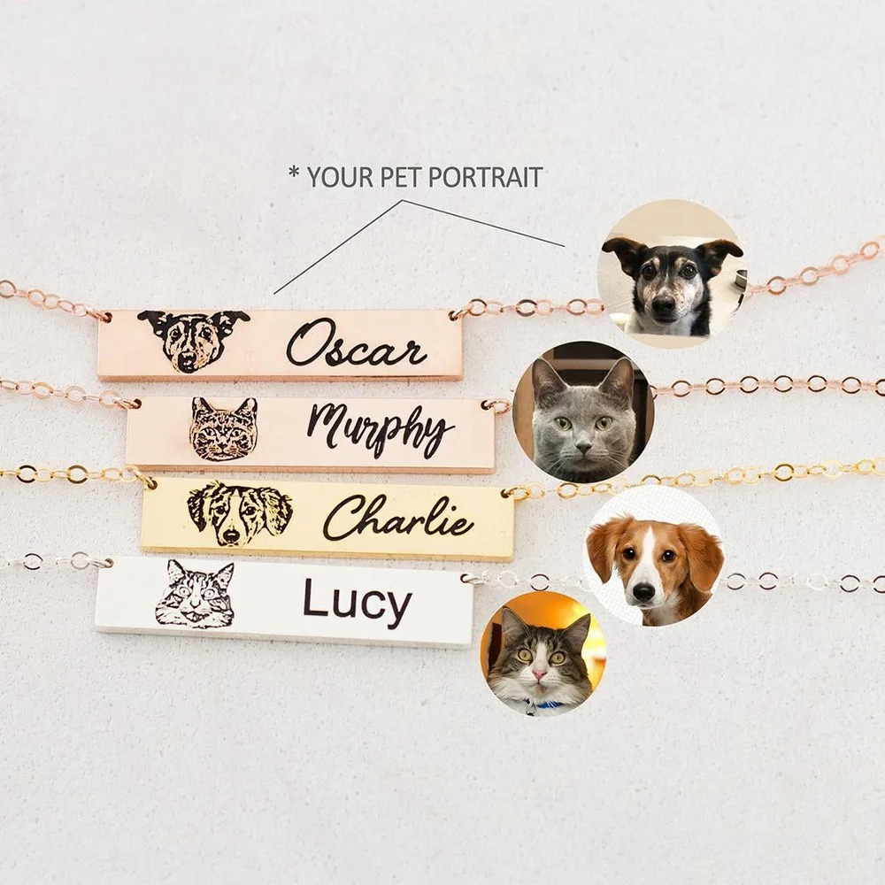 

Customize Pet sketch horizontal card necklace DIY Personality Name Pet Necklace Stainless Steel Holiday Gift Manufacturer