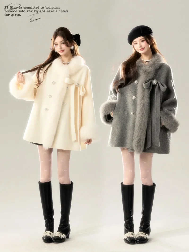 2024 Fall and Winter New Women Tops Coats Wool Blends Fur Splicing O Neck Long Sleeve Bow Design A Line Loose Coats Female