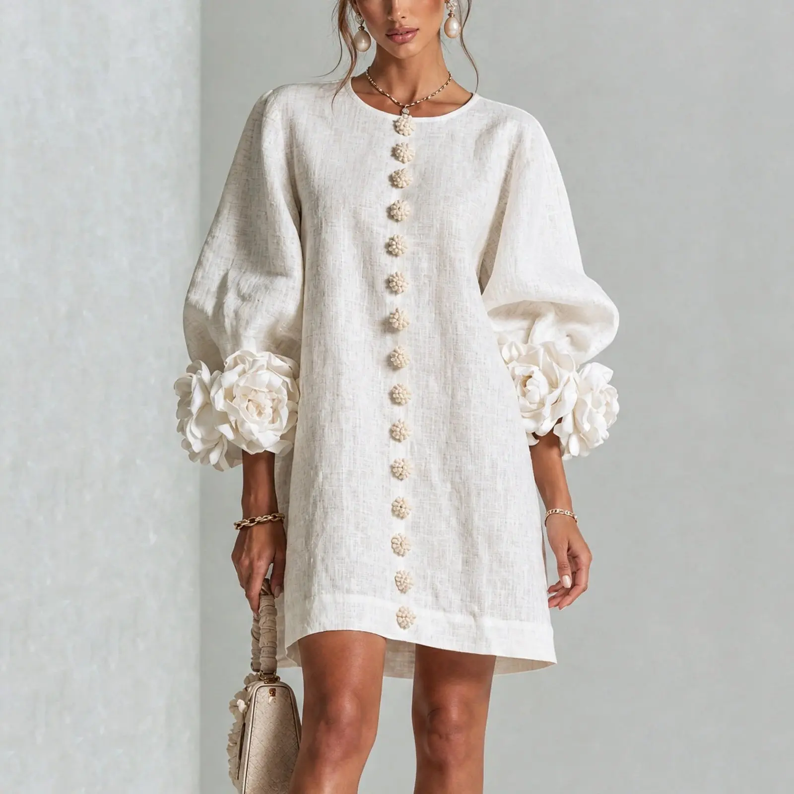2026 Damen Frühling Herbst Blumen-Minikleid mit Langen Laternenärmeln aus Baumwolle und Leinen, Einfarbiges Rundhals-Kleid, Locker Geschnitten, Elegant, für den Alltag, Kurzes Kleid