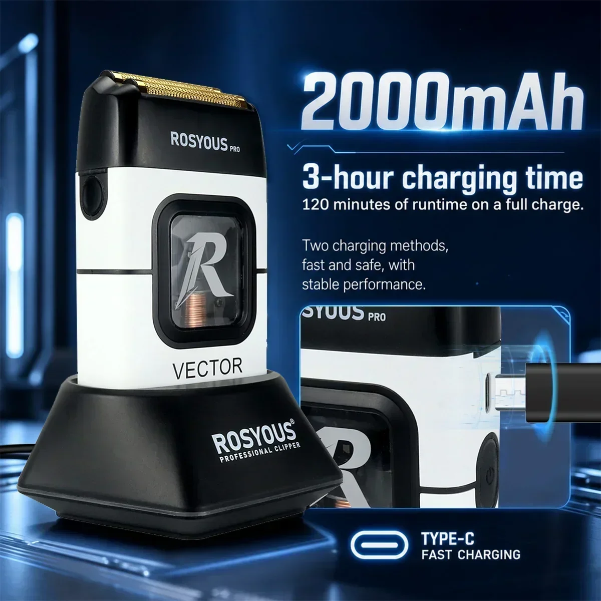 ROSYOUS Professioneller Elektrorasierer 13000RPM Vektormagnetmotor Metallgehäuse mit Ladestation Doppelfolien-Herrenrasierer 999W – Detail 5