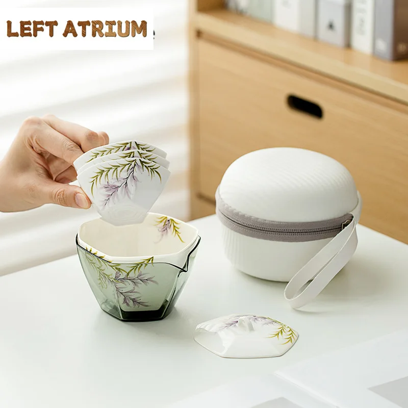 

Pure Hand-painted Wisteria Flower Tea Set Kit Zen Teapot and Tea Cup Set 1 Bowl 3 Cups Tea Brewing Portable Picnic Drinkware