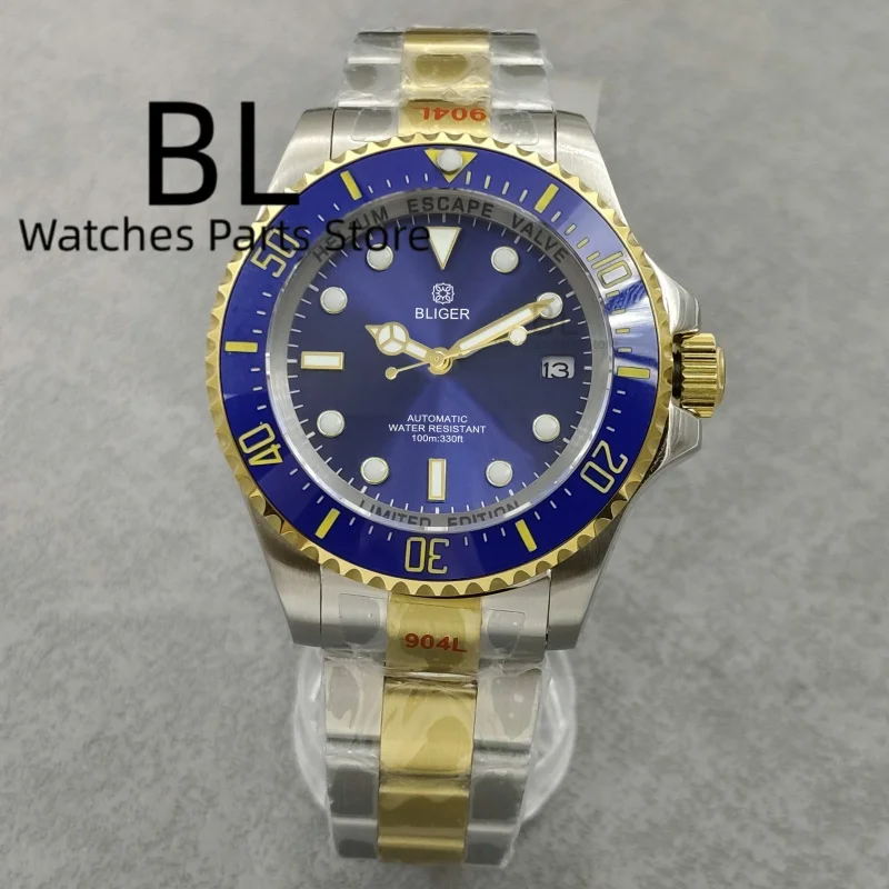 BLIGER 43mm Luxus Zwei Ton Gold Männer Mechanische Uhr Blau Sunburst Zifferblatt Leucht Saphirglas Wasserdicht Glide Schnalle Bracele