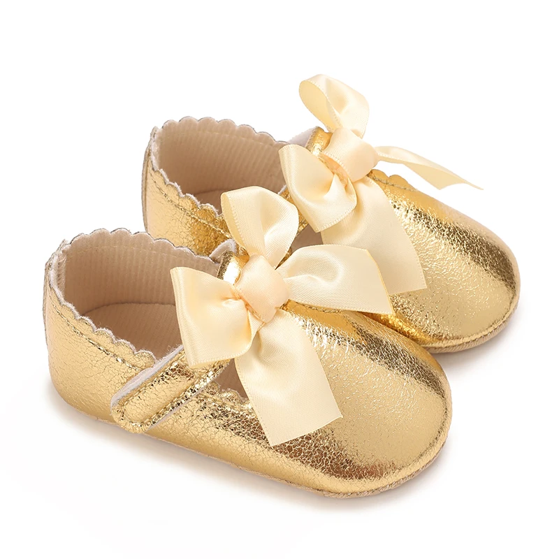 Zapatos de princesa de color liso para niña, calzado cómodo y antideslizante con suela suave, bonito lazo para bautismo, primeros pasos, 4 colores