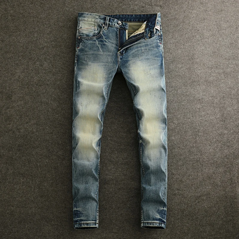 

Italian Style Fashion Men Jeans High Quality Retro Washed Blue Straight Slim Fit Ripped Jeans Men Vintage Designer Denim Pants