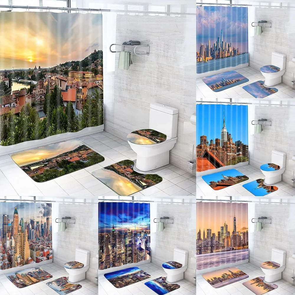 City Sunset Skyscrapers Famous Town Landmark View Shower Curtain Set Rug Bathroom Mats New York 3D Building Bridge Bath Curtains