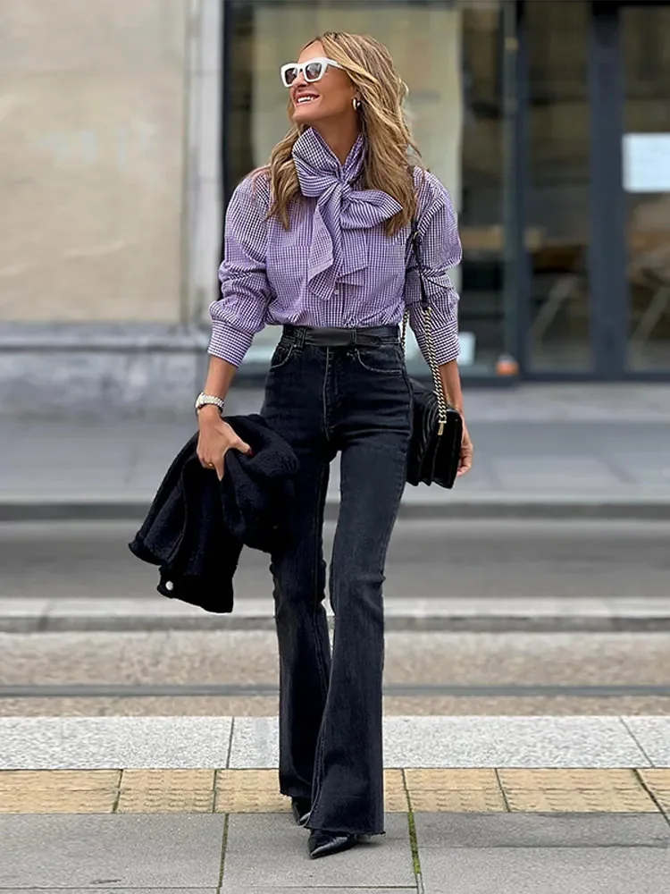 Camisa xadrez com gola arco vintage feminina estampada, elegante de peito único, blusa de manga comprida, primavera, tops femininos do escritório