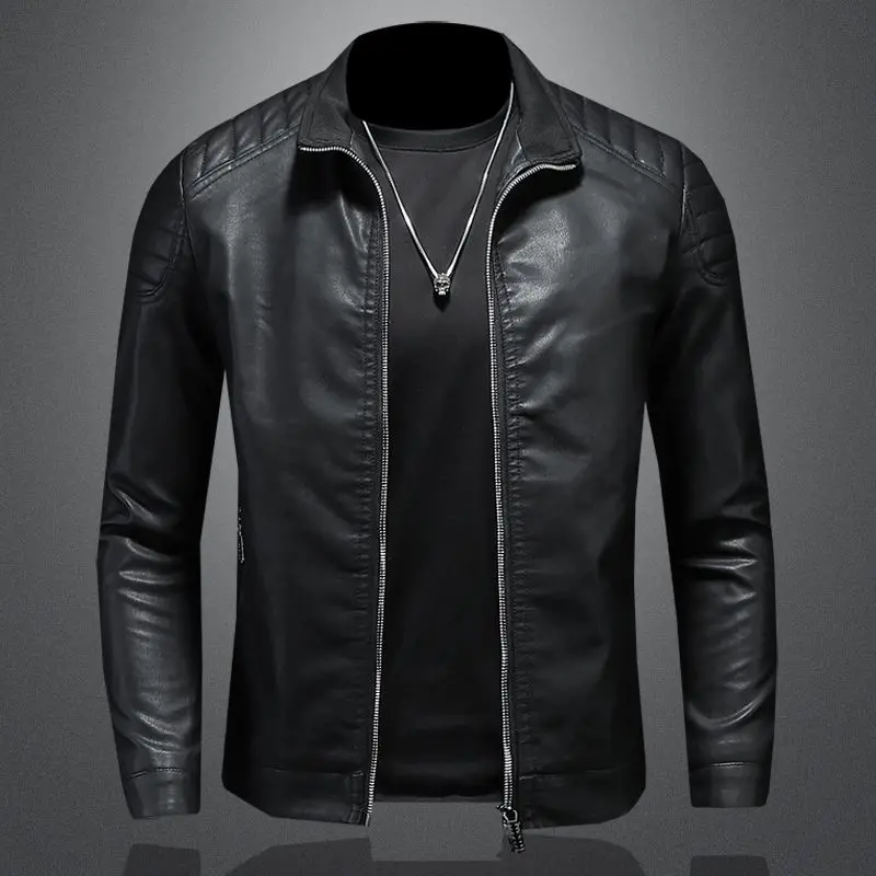 

Men's PU Leather Stand Collar Zip Up Jacket Factory Wholesale Casual Biker Style Outerwear