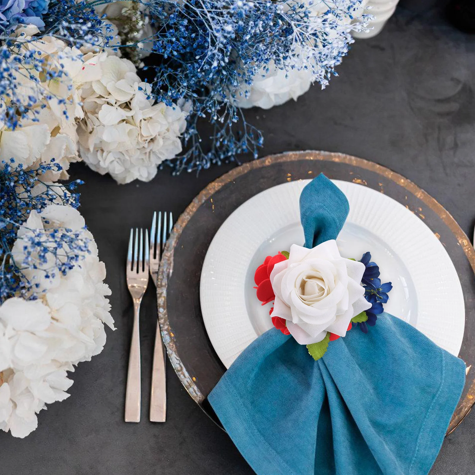 

Faux Flower Napkin Ring Jute Rope Independence Day Table Napkin Holder Rustic Floral Buckle Party Independence Day Napkins