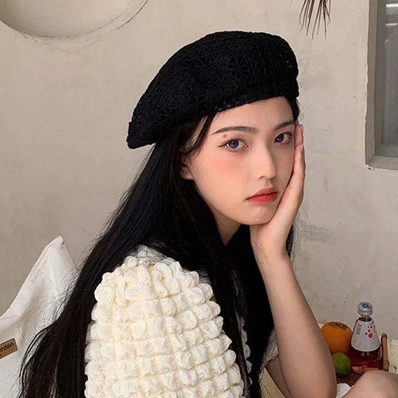 Mehrfarbige Sommer-Baskenmütze im Retro-Kunststil für Damen, Koreanischer Stil, Gehäkelte Baskenmütze, Atmungsaktive Dünne Kopfbedeckung mit Blumenmuster