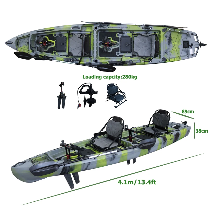 

14ft Double Seat tandem 2person Sit on Top Fin Pedal Drive Canoe Kayak with Electric Motor Fishing HDPE Plastic Kajak Boat