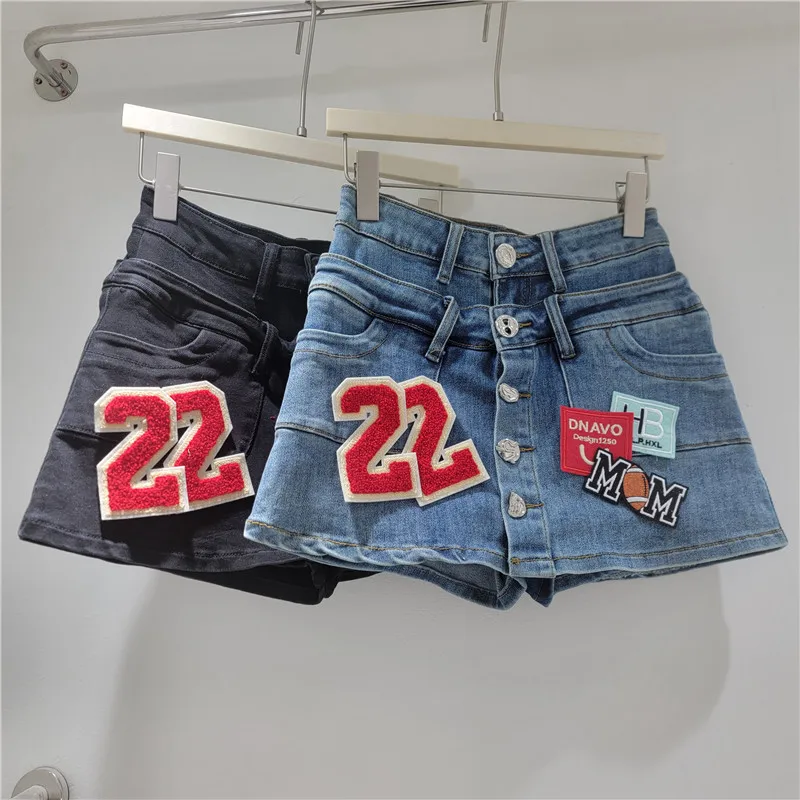 WTHT Vintage Summer 2026 Women Letter Embroidered Fake Two-piece Denim Skirt Single-breasted A-line Mini Skirts Female 1LS3126