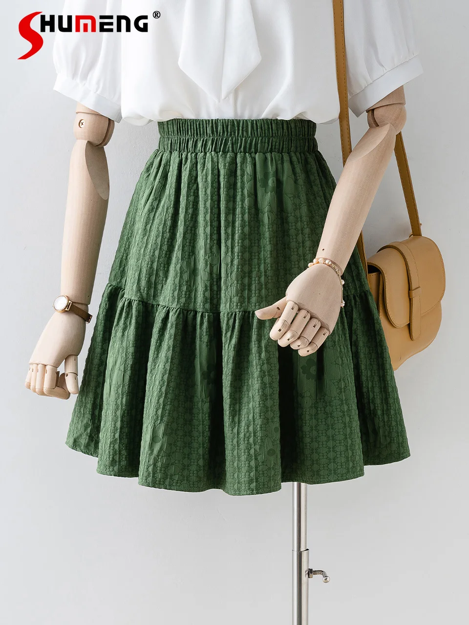 

Sweet Cute Green High Waist Short Skirt 2024 Summer Women Retro Embossing a-Line All-matching Casual Cake Umbrella Mini Skirts