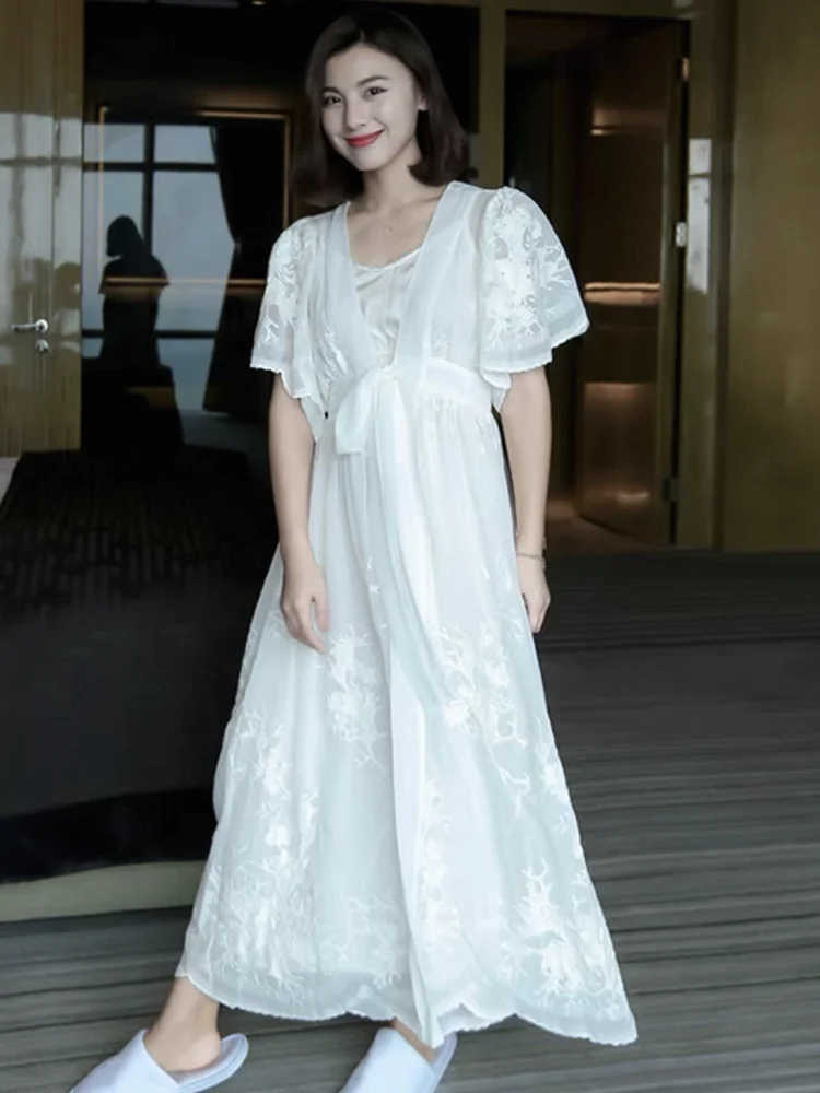 Vintage Cotton Embroidery SIlk Women's Long Nightgowns Retro Princess Short Sleeve Sleepwear Autumn Spring Holiday Dress