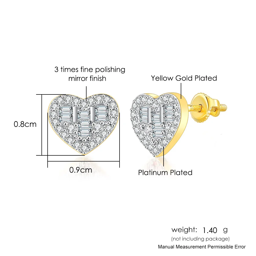 Hiphop Heart Crystal Stud Earrings For Women Hippie Cubic Zircon Cartilage Earrings Party Jewelry Wedding Accessories