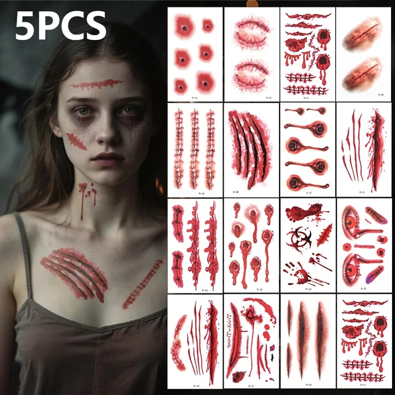 5×Halloween Scar Temporary Tattoos Waterproof Fake Wound Scratch Bloody Injury Face Body Sticker for Cosplay Horror Party Makeup